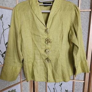 100% Linen Womens Lime/Green Elegant Blouse with Notched Collar, 3/4 Sleeves